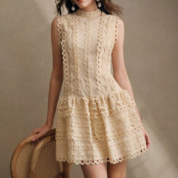 Apricot Elegant Women's French Floral Lace A-Line Collar Sleeveless Crop Dress - Picture 5 of 7